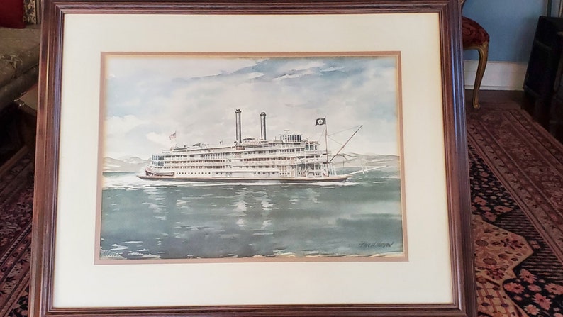 Mississippi Queen Watercolor Print by Paul N framed 30 x 24 River Steamboat Norton