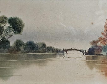 格安即決　大型20号油彩画 カレル橋と水面の風景　逸品 アイランド・ブリッジ、19世紀の水彩画、額装済み、25×14インチ - Etsy
