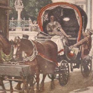 Antique hand colored etching, 2 horse carriage, signed, framed