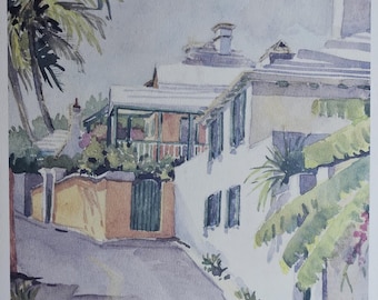Printers Alley, Bermuda, Druck des Aquarells von Carole Halten, signiert, gerahmt, 45 x 43 cm