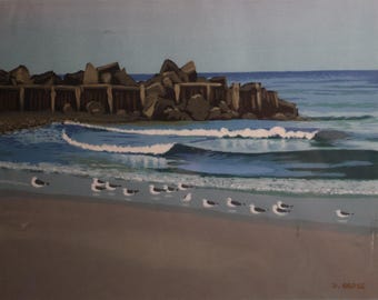 „Corporation Beach (seagulls)“ signierter Druck von David Grose, 17x40 cm