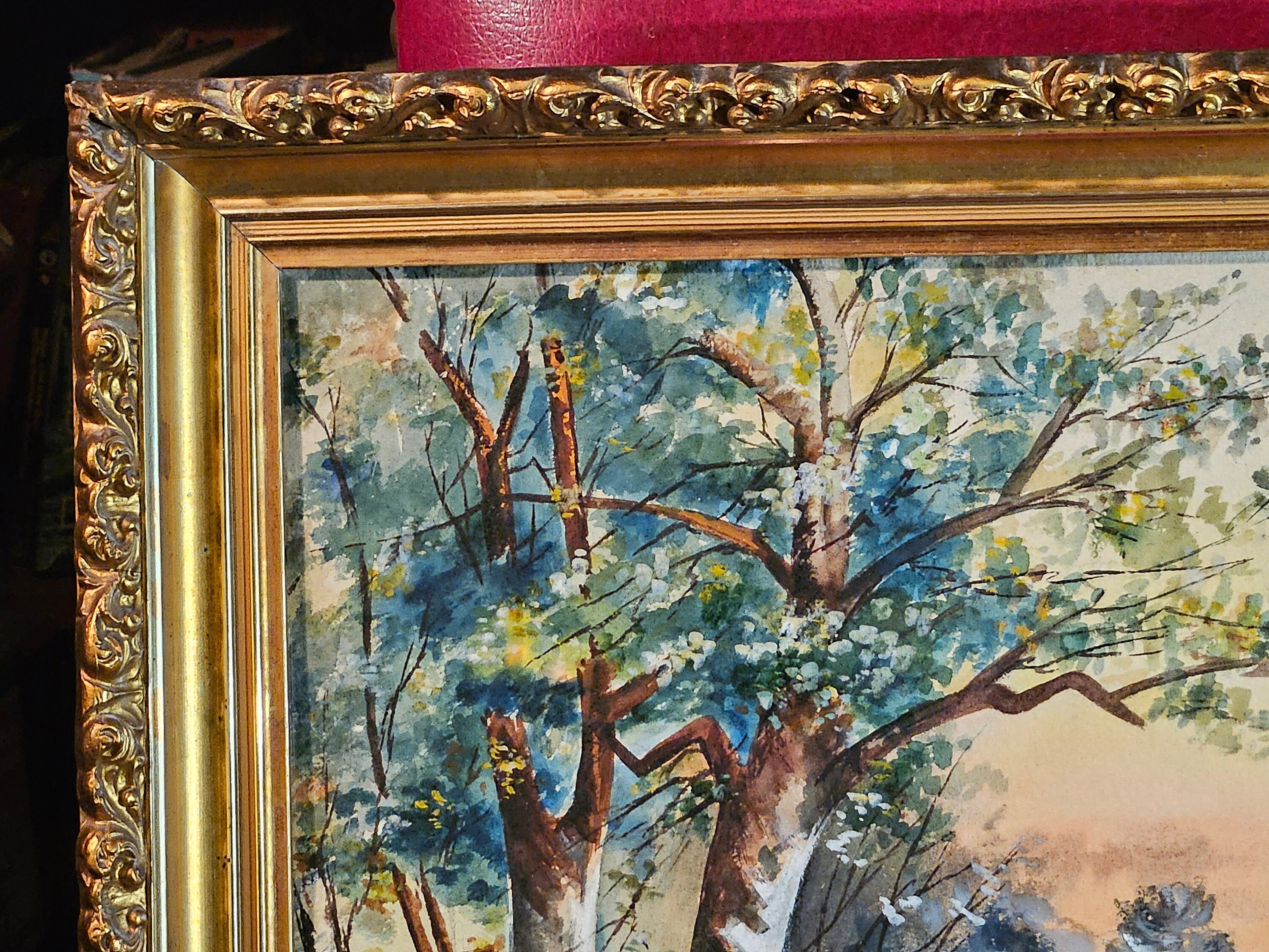 池のほとりの静かな一日、オリジナル水彩画、額入り、18x24インチ