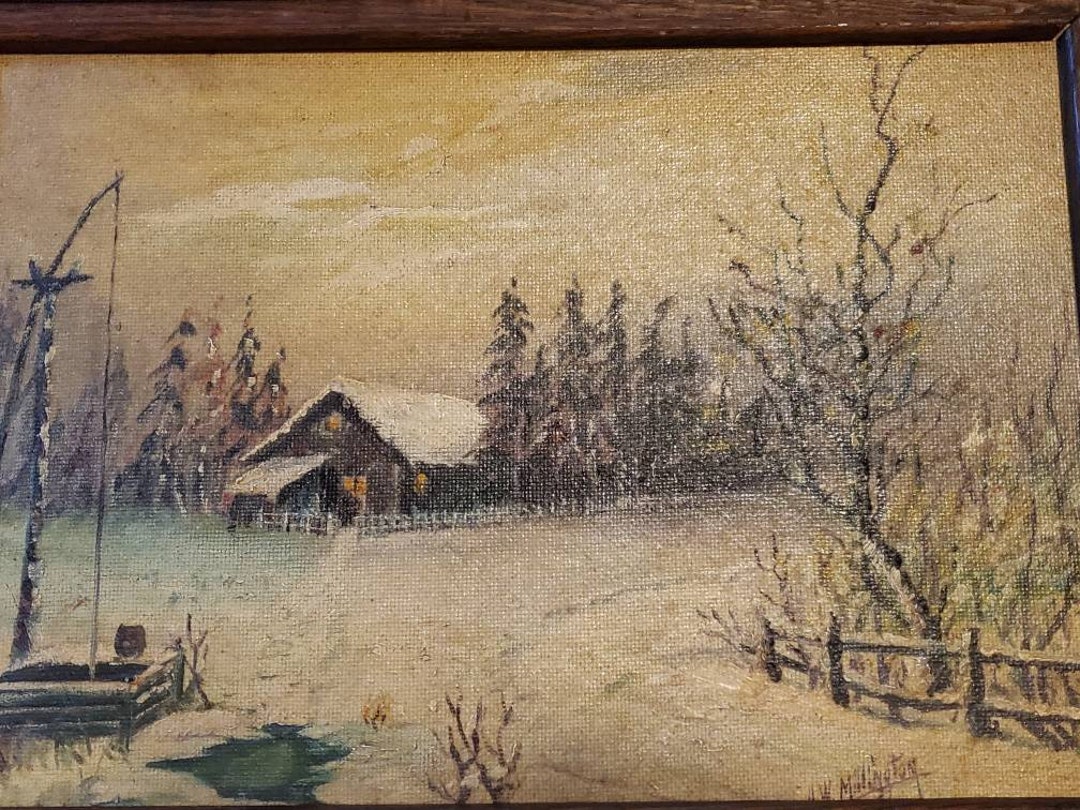 Country House in the Snow, Antique Oil Painting, Signed, Framed, 21x16