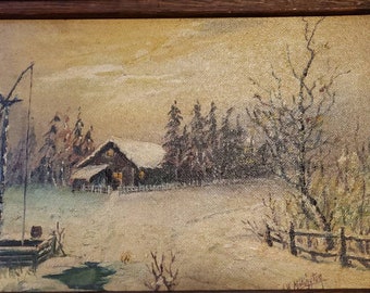 Country House in the Snow, antique oil painting, signed, framed, 21X16&quot;