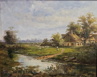English house by the Stream, original oil painting, framed, 15x13&quot;