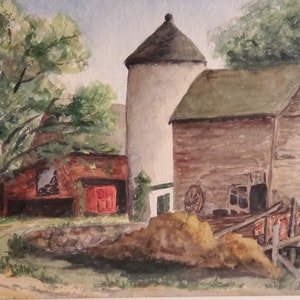 Old Farmstead and Silo, original watercolor, framed, 22X18