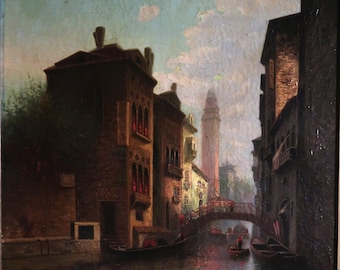 San Trovaso in Venice Italy, antique painting, an original oil on canvas from around 1840, signed, framed, 28x24&quot;
