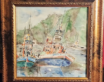 Party Boats, an original watercolor, framed, signed, 16x16"