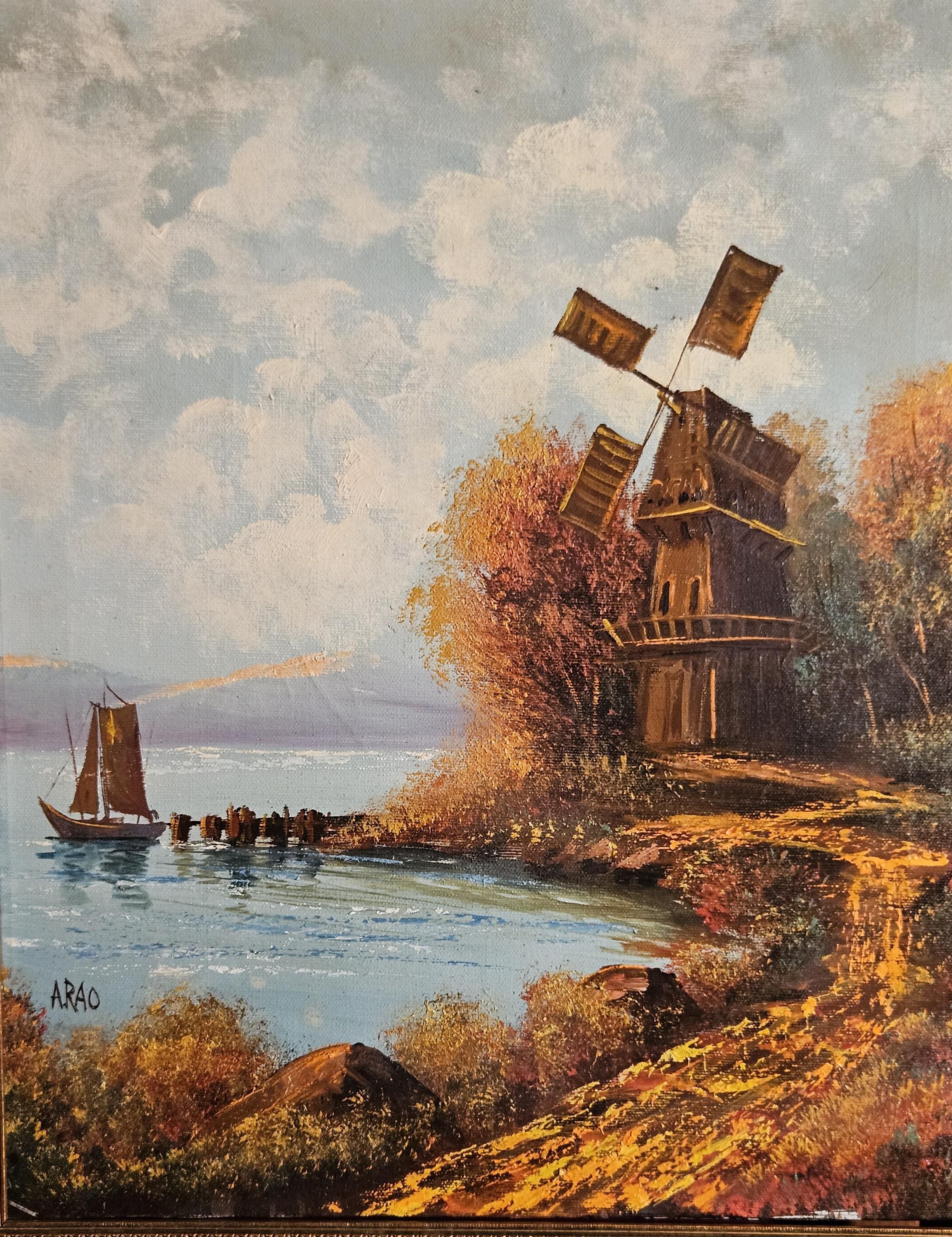 油絵　oil painting Windmill by the Sea, Original Oil on Canvas, Signed, Framed, 22x18