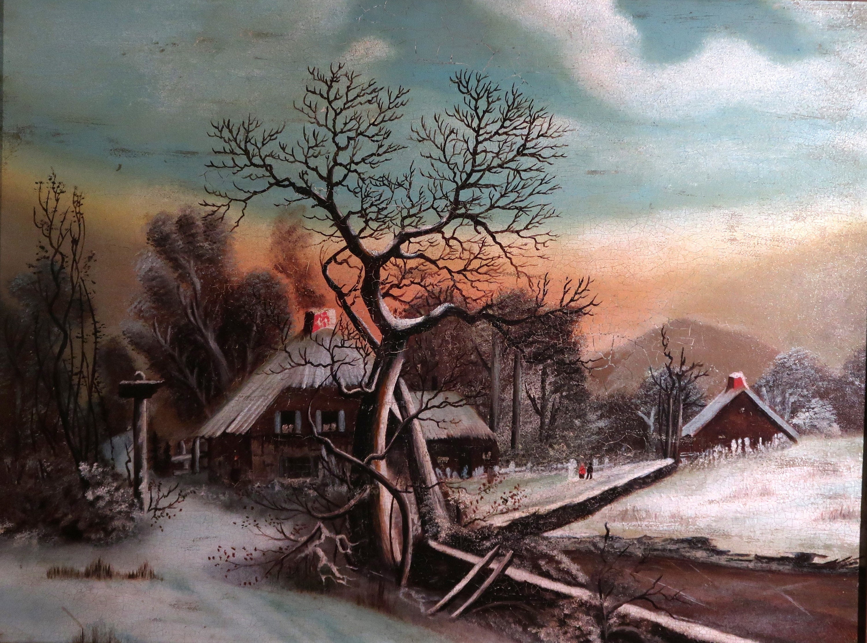 冬の夕暮れの農場、アンティーク絵画、19世紀のオリジナル油絵、額入り