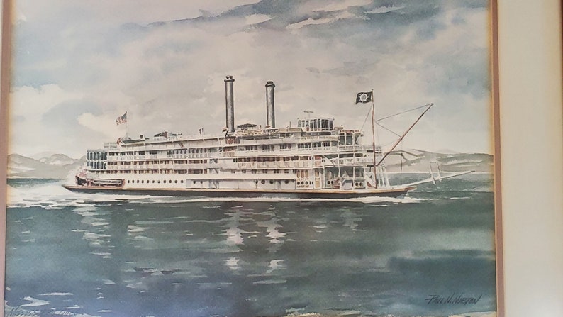 Mississippi Queen Watercolor Print by Paul N framed 30 x 24 River Steamboat Norton