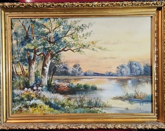 池のほとりの静かな一日、オリジナル水彩画、額入り、18x24インチ