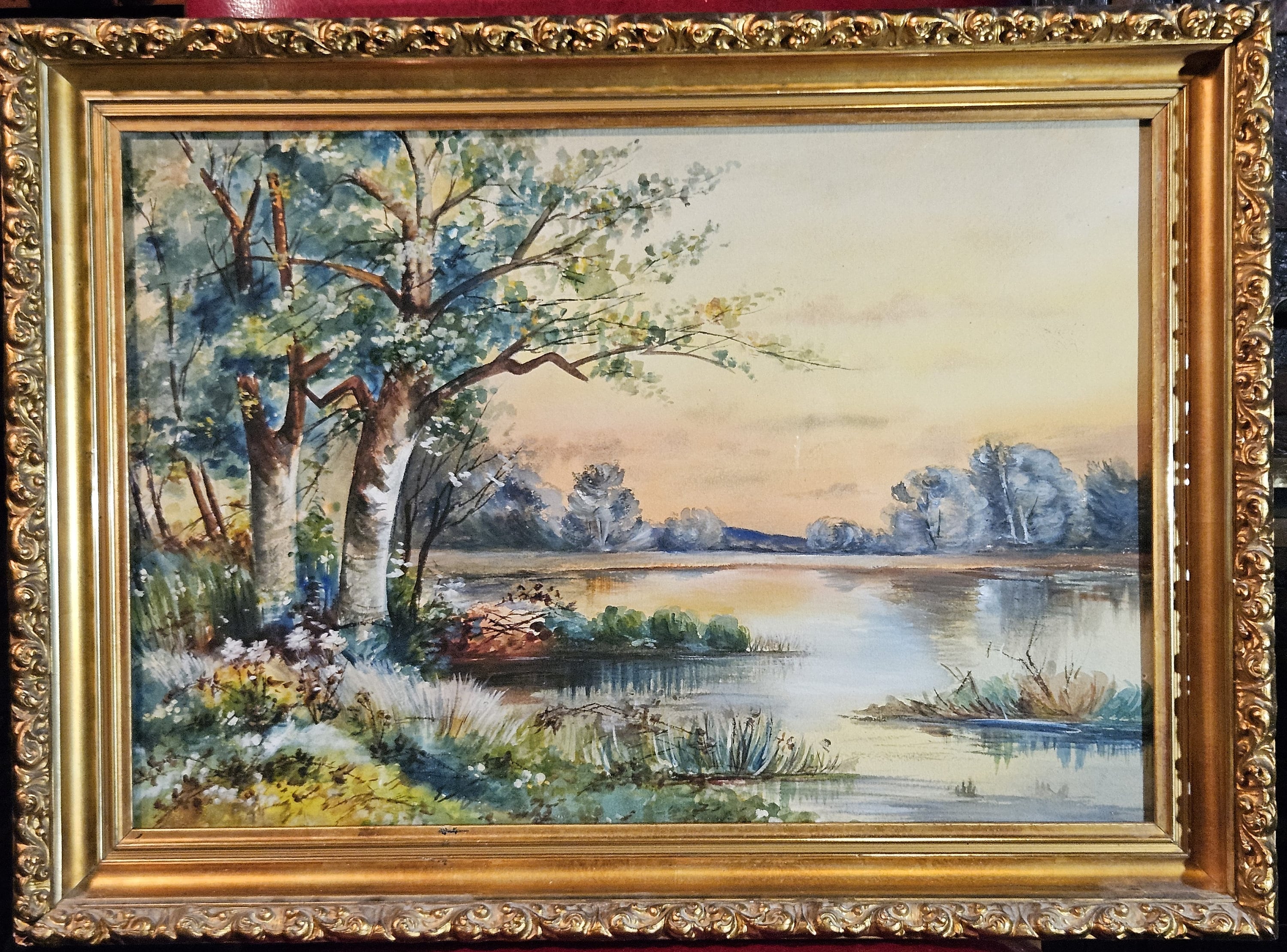 池のほとりの静かな一日、オリジナル水彩画、額入り、18x24インチ