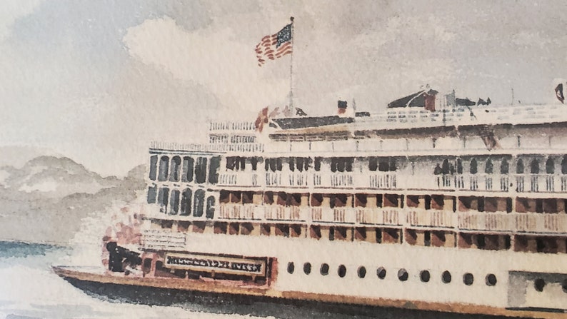 Mississippi Queen Watercolor Print by Paul N framed 30 x 24 River Steamboat Norton