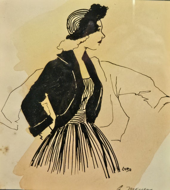 Deco Model, Original Ink Fashion Drawing From the 1930's, in Oleg