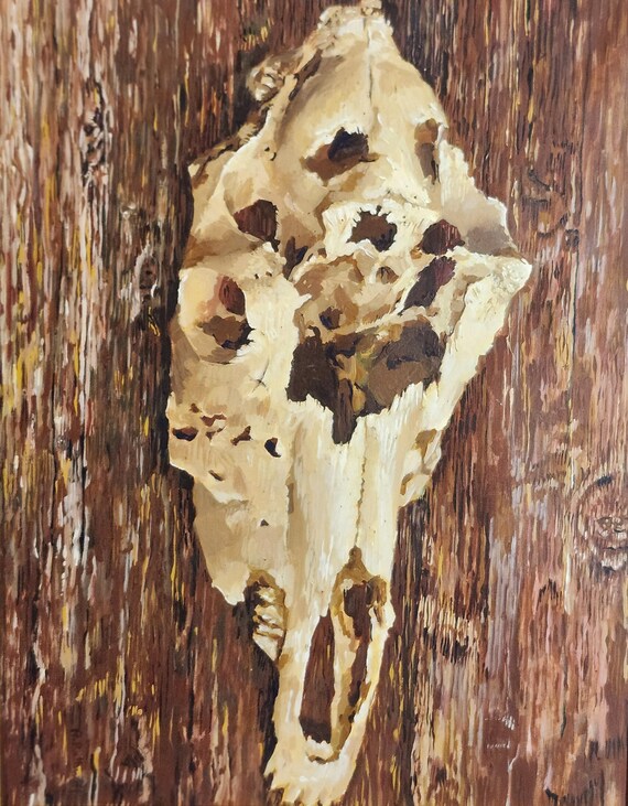 牛の頭蓋骨、キャンバスに描かれたオリジナルの油絵、額入り、23x20