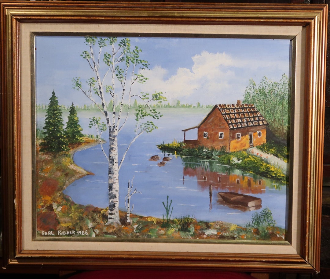 Cabin on the Lake, Original Oil Painting Dated 1986, Signed, Framed ...