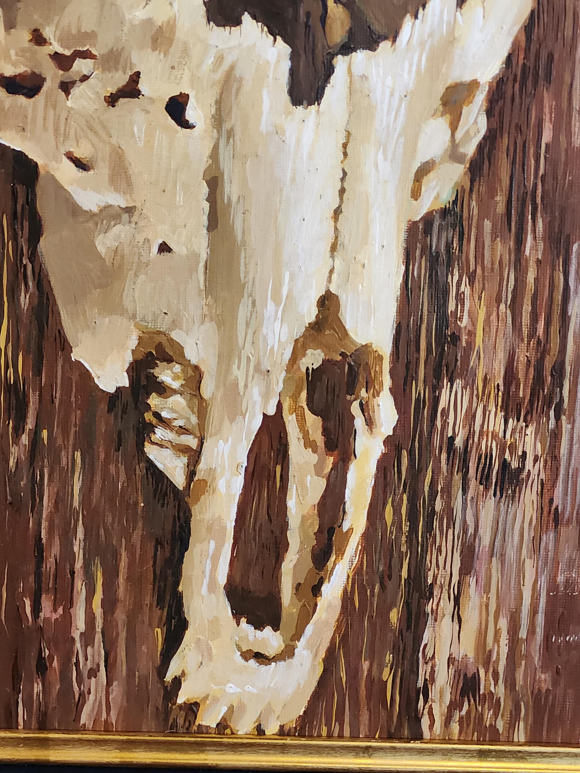 牛の頭蓋骨、キャンバスに描かれたオリジナルの油絵、額入り、23x20