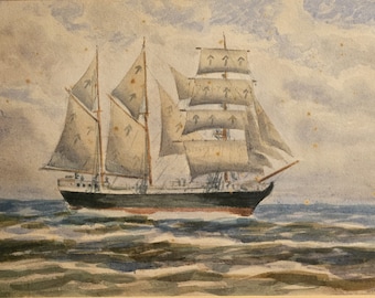 Schooner, vintage original watercolor, framed, 17x13&quot;