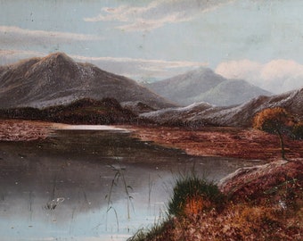 Scottish Moor, antique painting, original oil on canvas by Charles Leslie, 1870, signed, framed, 28x15&quot;