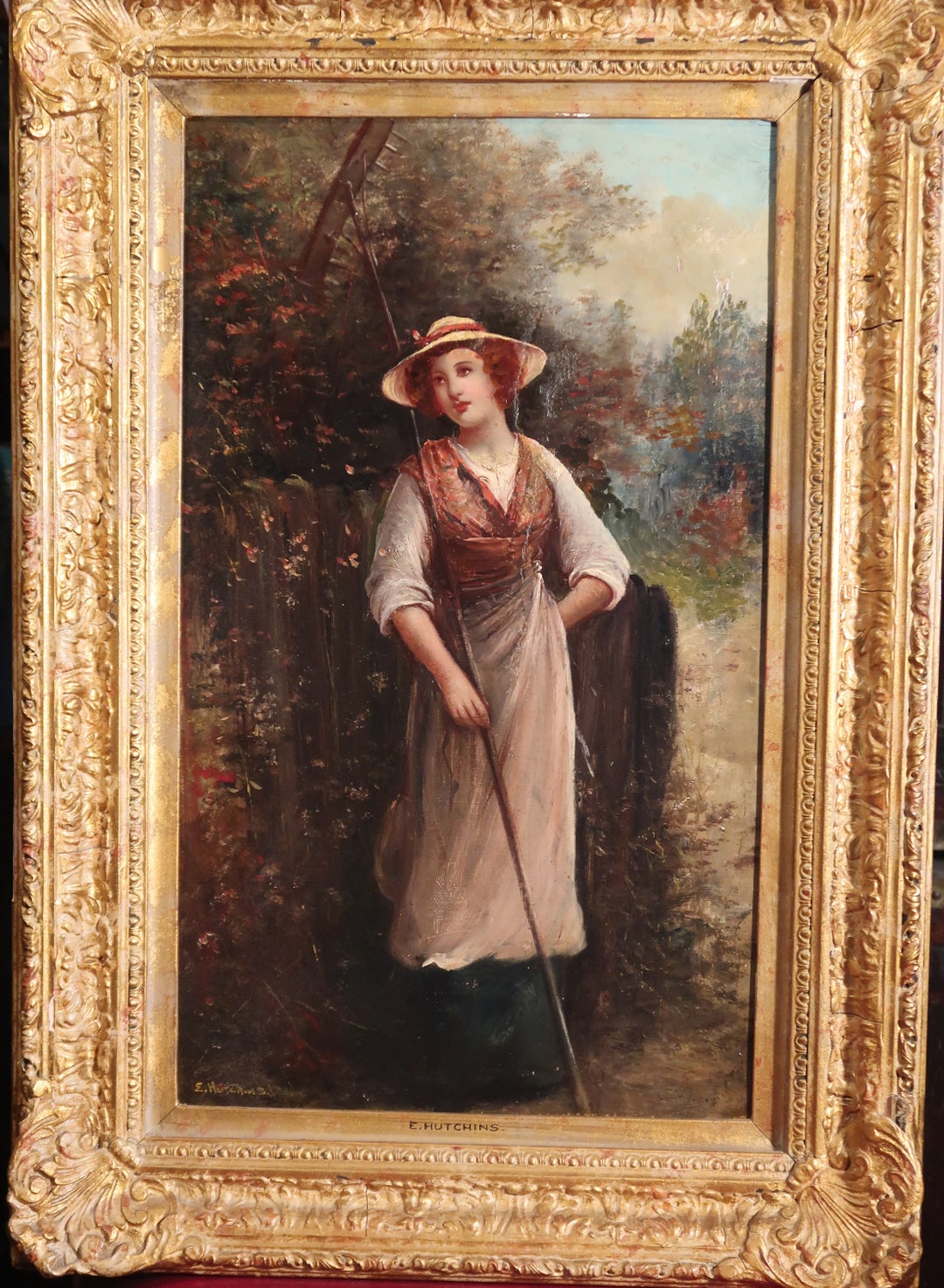 Girl With Hay Rake, Antique Painting, Original Oil on Canvas by Ernest ...