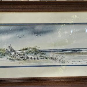 Kite Flyers at the Jersey Shore, original watercolor, signed, framed, 24x11&quot;