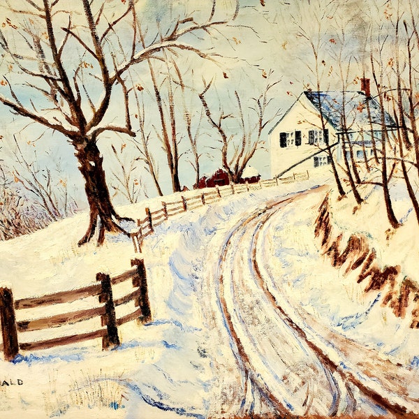 New England Winter, original oil painting by Lawrence Oschwal, dated 1949, framed, 22 X 18"