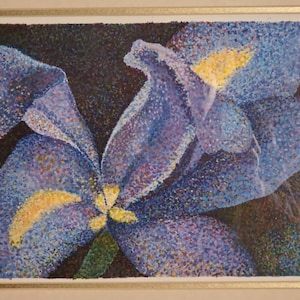 Purple Iris, a pointalist original watercolor, matted and framed, 22X18&quot;