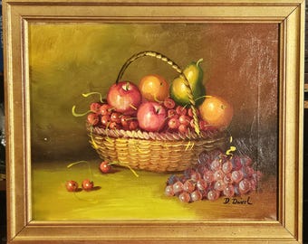 油彩画 静物画 果物と籠 C.YEH サイン入り 果物かご、オリジナル油彩キャンバス作品、サイン入り、額装済み、18