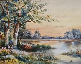 池のほとりの静かな一日、オリジナル水彩画、額入り、18x24インチ