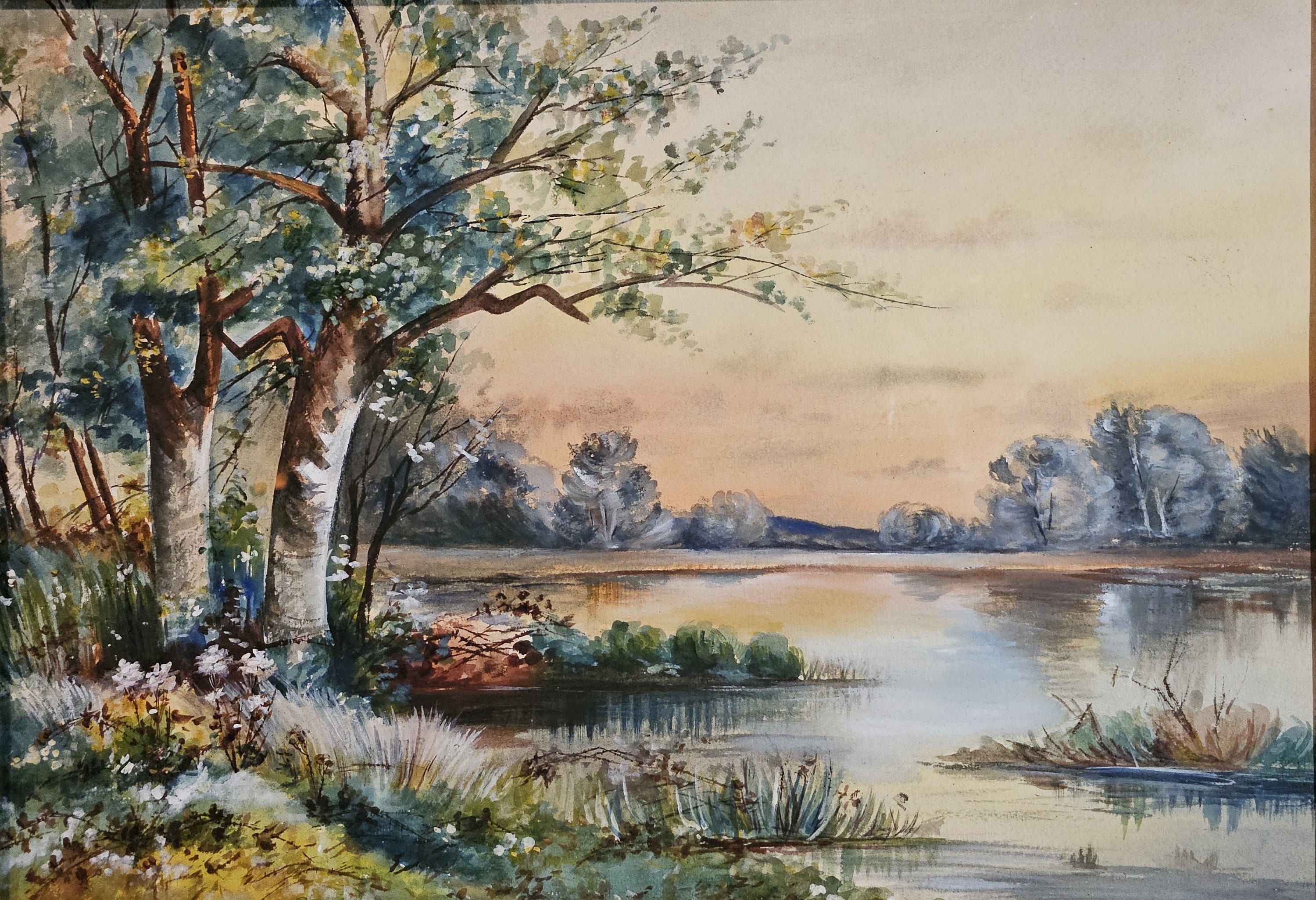 池のほとりの静かな一日、オリジナル水彩画、額入り、18x24インチ
