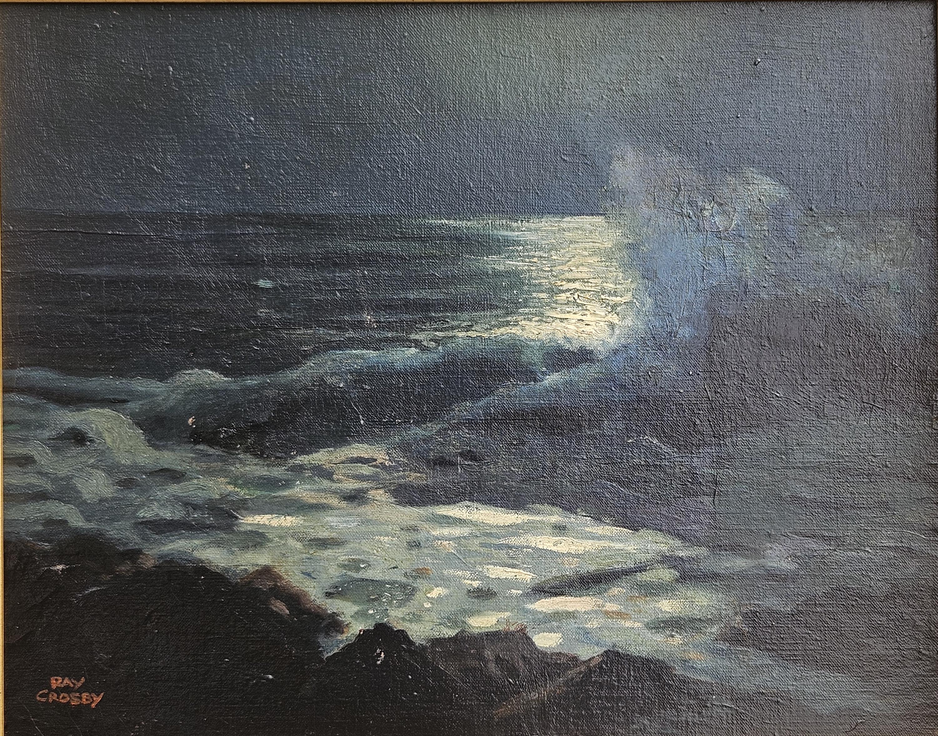 風景画　油絵　　Raymond （レイモンド) 直筆 Moonlight Sonata, Original Oil Painting by Raymond Morrell Crosby