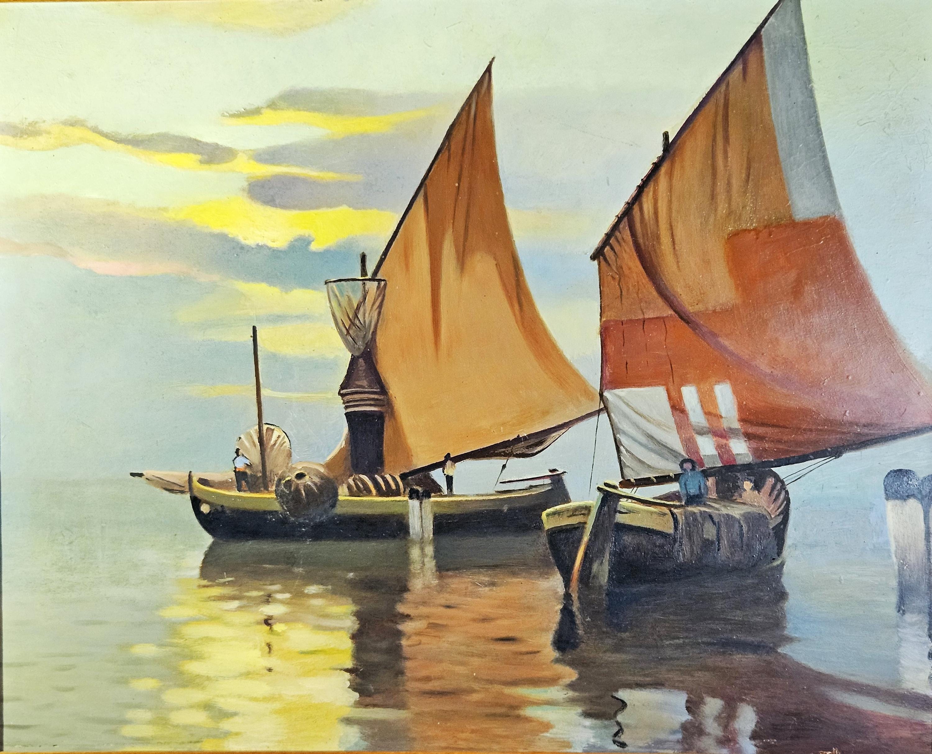 夕焼けの漁船、油彩、額入り、30x25インチ - Etsy 日本