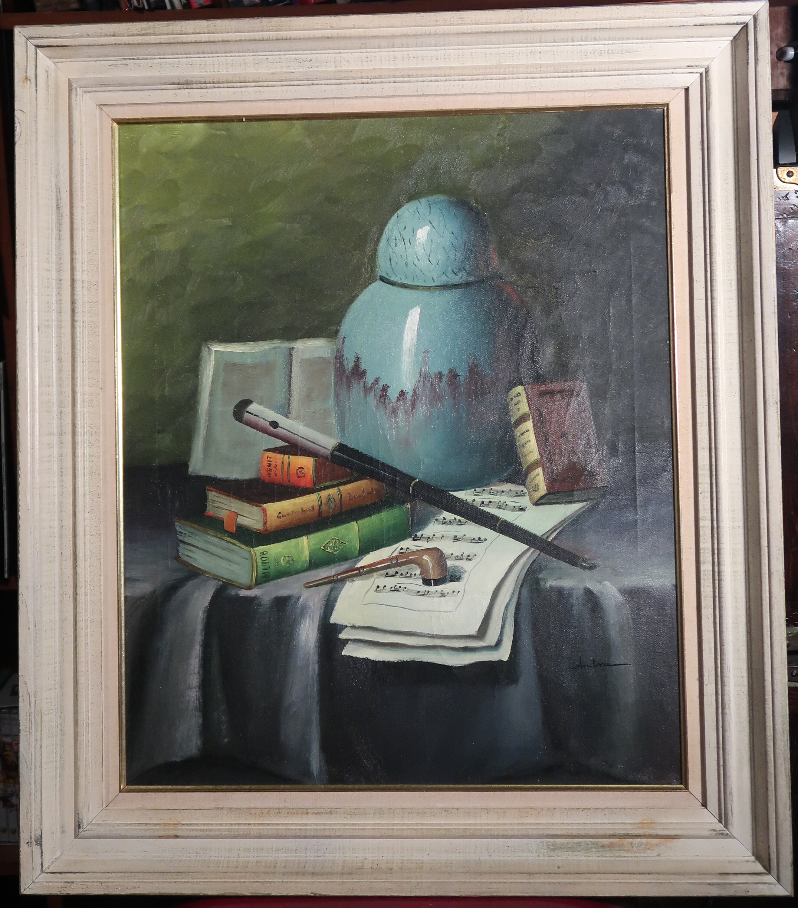 アート・デザイン・音楽 The Still Life: In Product Presentation Still Life With Music Manuscript, Original Oil on Canvas, Signed