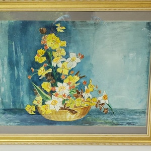 Basket of Flowers, original watercolor, framed, signed, 23X18&quot;