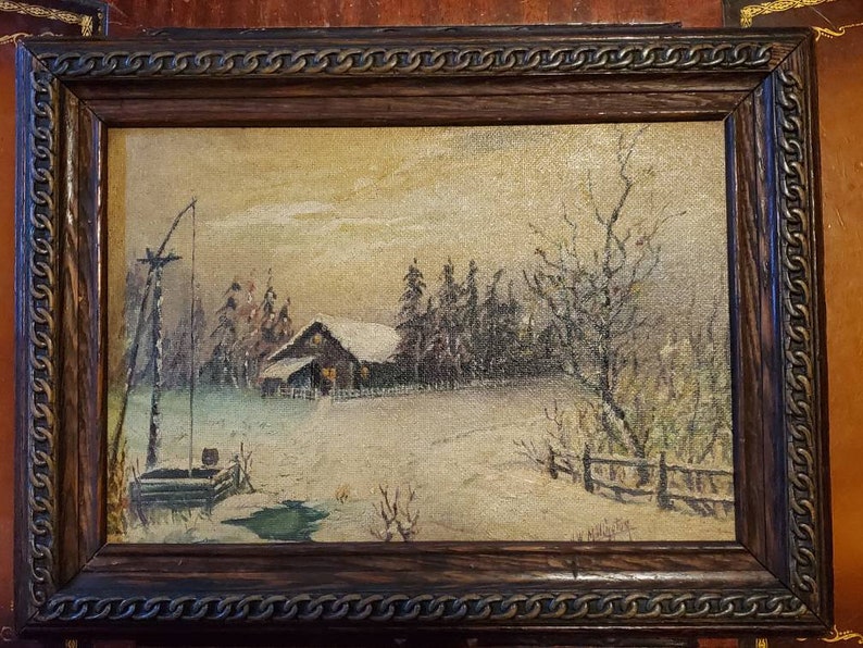Country House in the Snow, Antique Oil Painting, Signed, Framed, 21x16