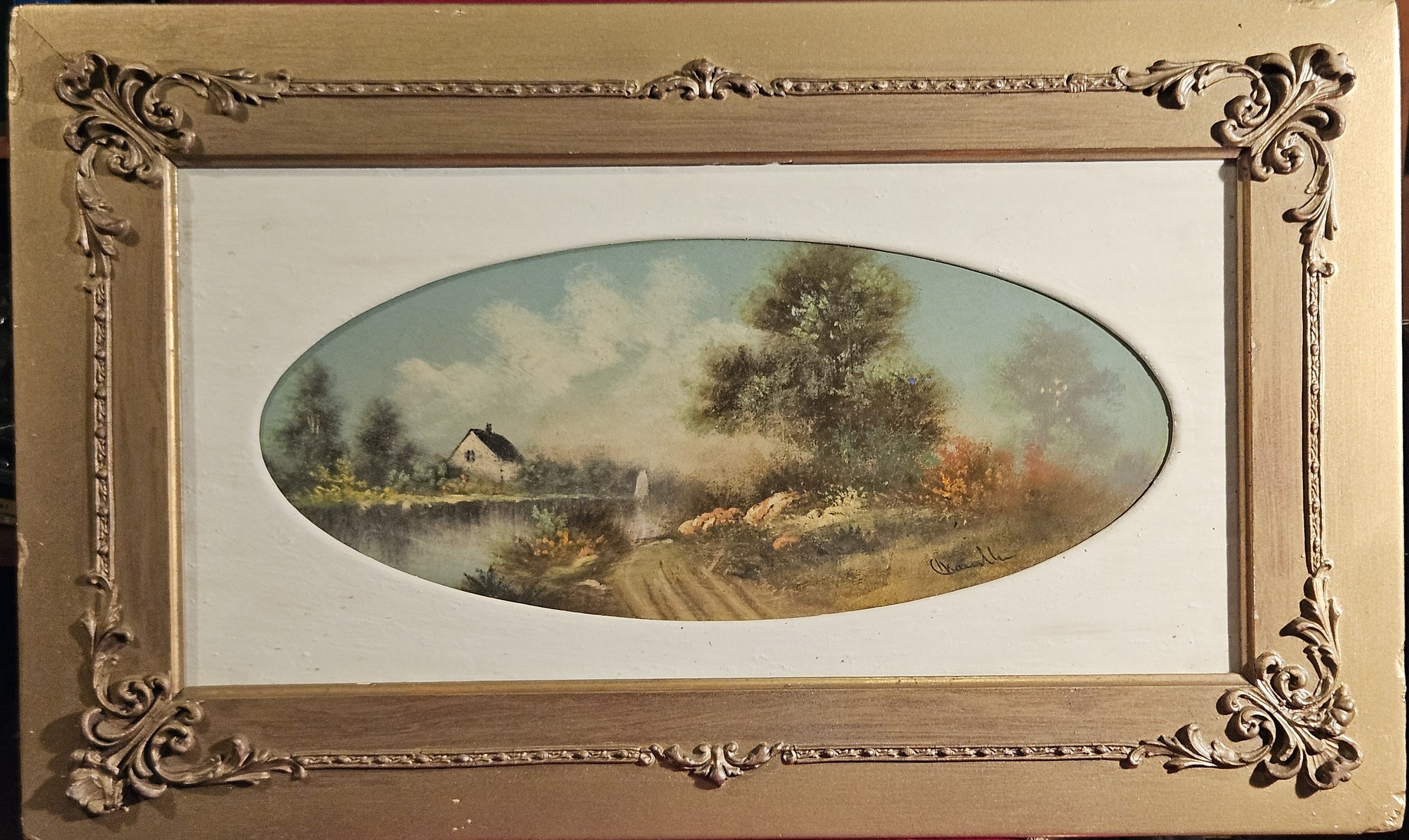 Pastoral Landscape, Original Antique Pastel, Signed, Framed, 26x16 