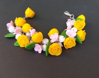 Yellow rose bracelet - Yellow flower bracelet - Polymer clay bracelet - Mother's day gift