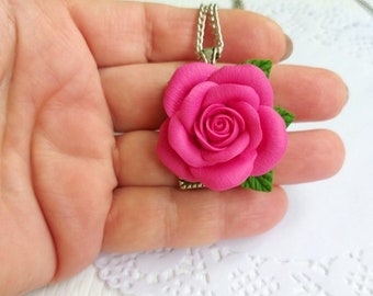Pink Rose Necklace. Pink Flower Necklace. Flower Jewelry. Bridesmaid Necklace