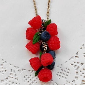 Fruit Berry Jewelry. Raspberry and Blueberry Necklace. Realistic Fruit. Polymer clay jewelry. Gift for her