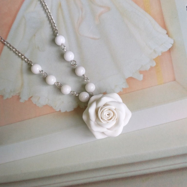 White Rose Necklace Polymer Clay Jewelry Bridesmaid Necklace Gift for ...