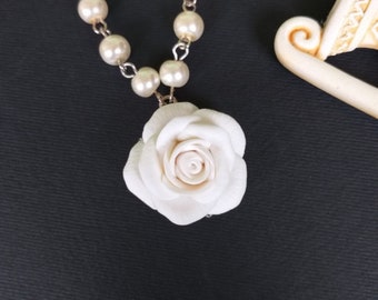 White Rose Necklace - Polymer Clay Necklace - Bridesmaid Necklace