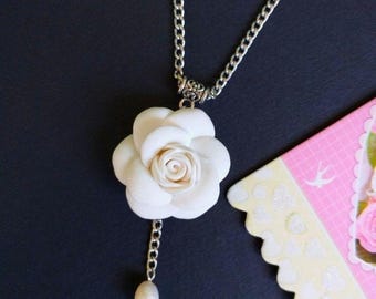 White Gardenia Polymer Clay Necklace, Freshwater Pearl Pendant
