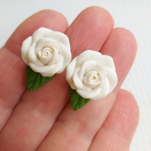 White rose earrings, stud rose earrings, polymer clay earrings, gift for her