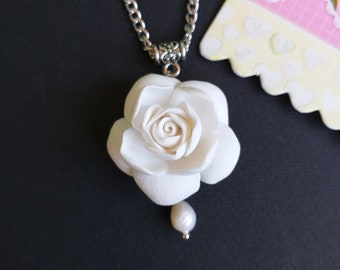 White Polymer Clay Gardenia Necklace, Freshwater Pearl Pendant