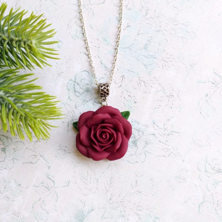 Burgundy Necklace Burgundy Rose Pendant Gift for woman | Etsy
