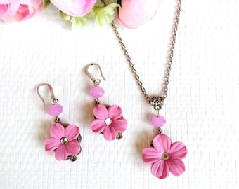 Pink Floral Polymer Clay Jewelry Set, Stainless Steel