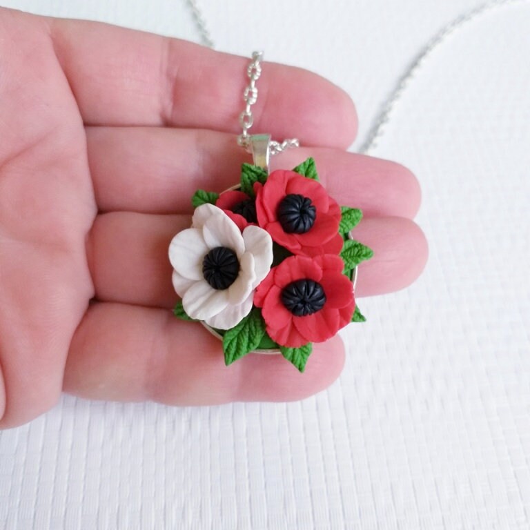 White Red Poppy Necklace poppy necklace poppy flower Etsy
