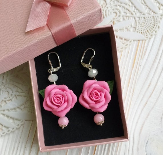 Pink Rose Earrings Polymer Clay Earrings Rose Earrings Floral | Etsy