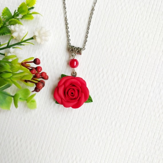 Red flower necklace Red rose necklace Polymer clay | Etsy